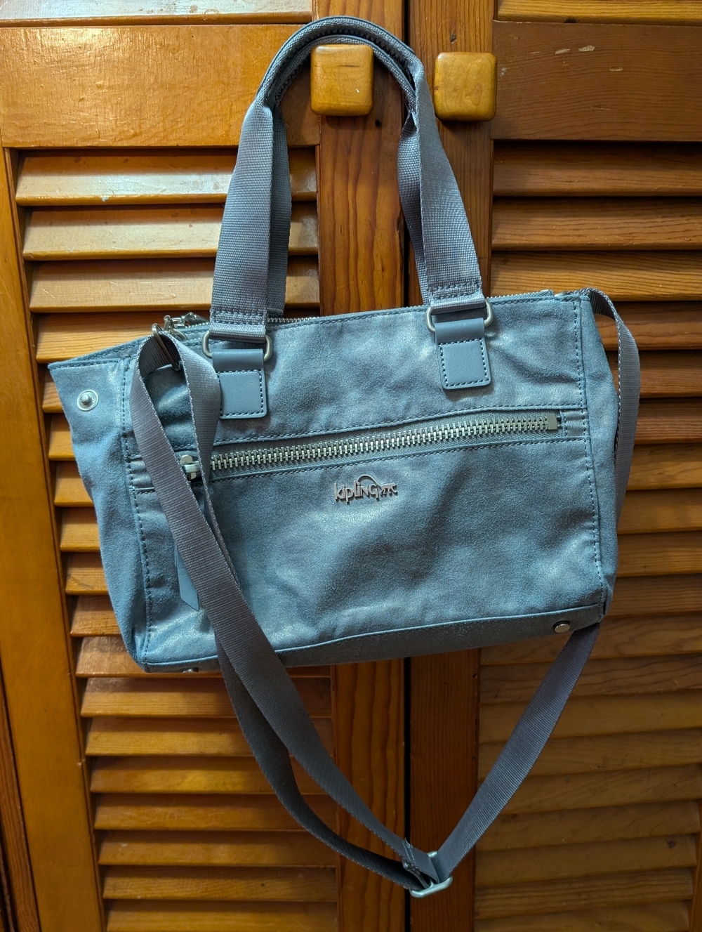Kipling Gray Metallic Canvas Tote Bag with Crossbody Strap